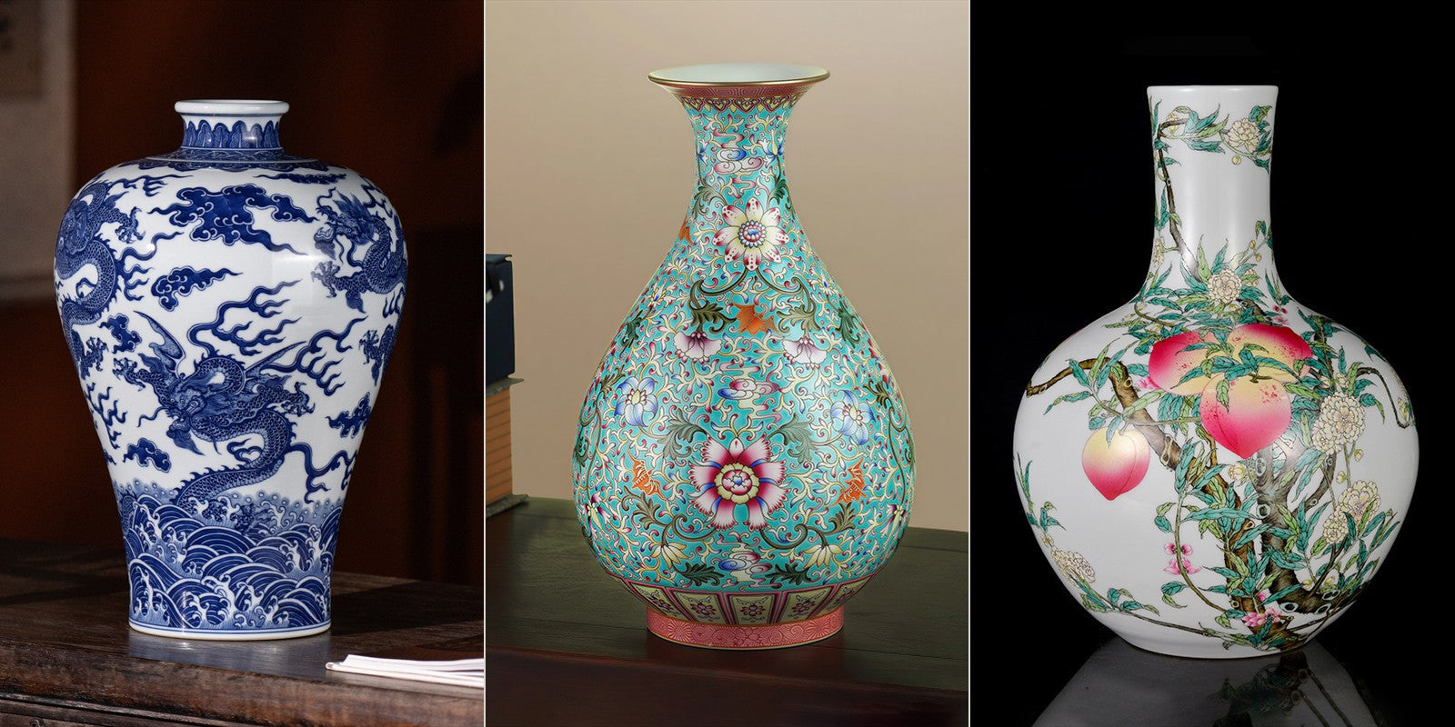 Contemporary Meiping, Yuhuchun and Tianqiu vases shown side by side; images are not to scale