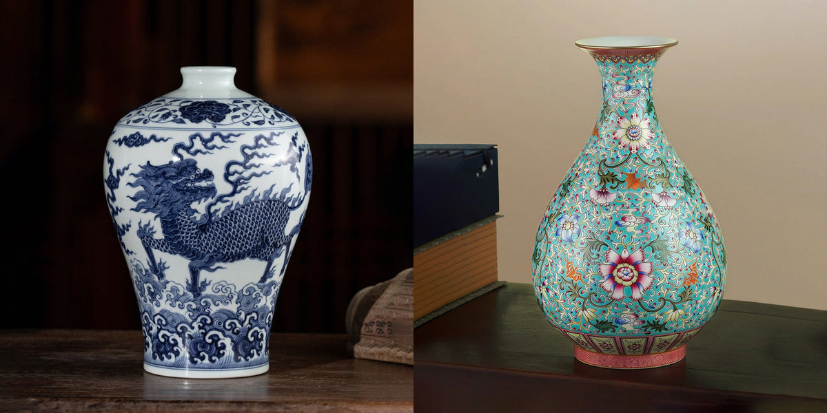 Contemporary blue-and-white meiping beside a famille rose Yuhuchun vase, showing underglaze and overglaze decoration