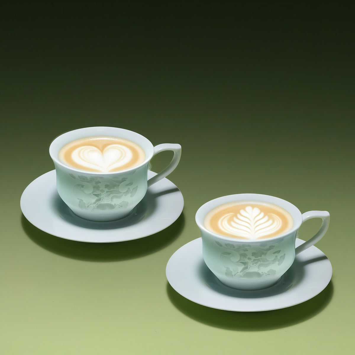 Two Qingbai horse-pattern cups and saucers filled with coffee and latte art.