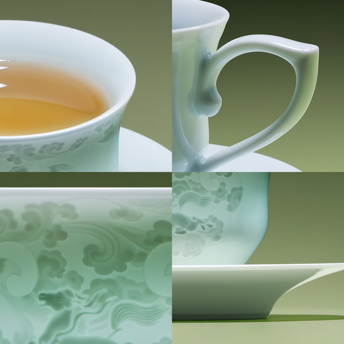 Four close-up views of the cup rim, heart-shaped handle, horse-and-cloud decoration and saucer foot.