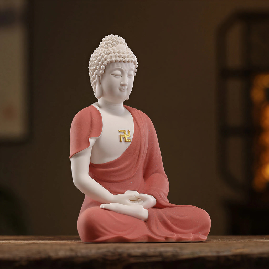 Side profile showing the robe folds and seated posture of the Amitabha sculpture
