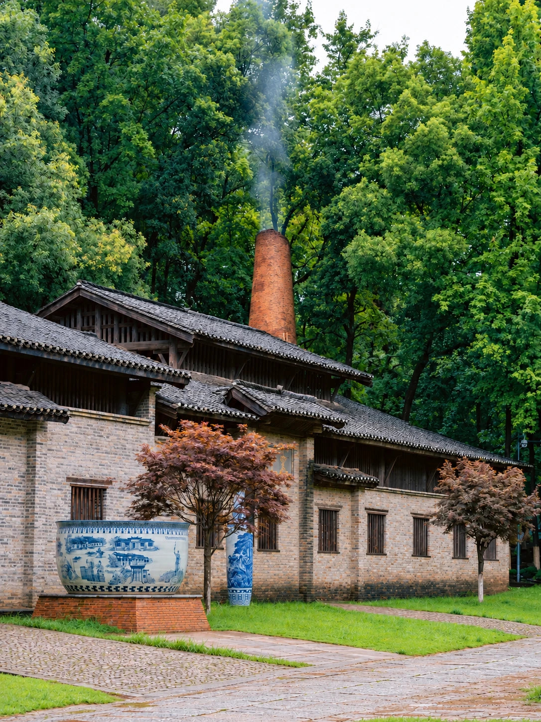 Brick kiln buildings, chimney and rising smoke in Jingdezhen