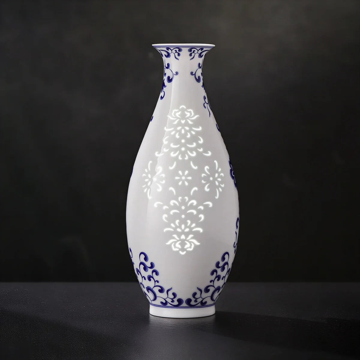 Tall blue-and-white Linglong vase with pierced decoration, shown in full