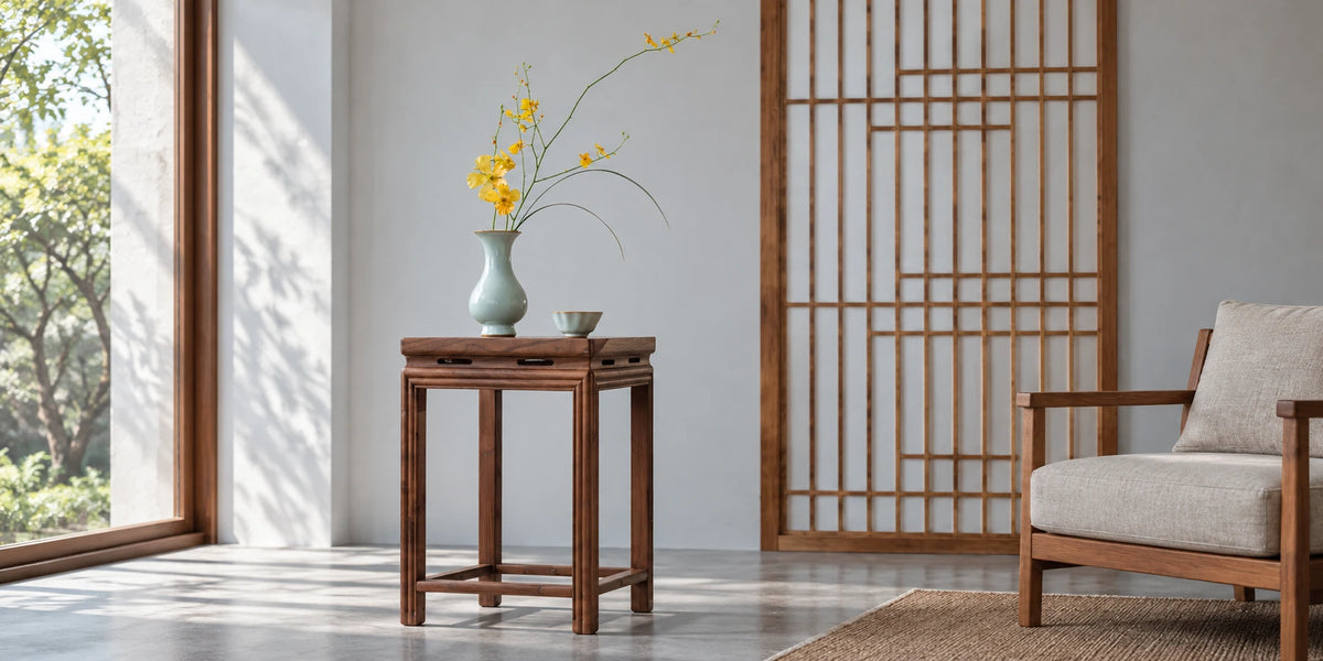 A pale celadon vase with yellow orchids and a small cup on a wooden table beside a lattice screen and linen chair