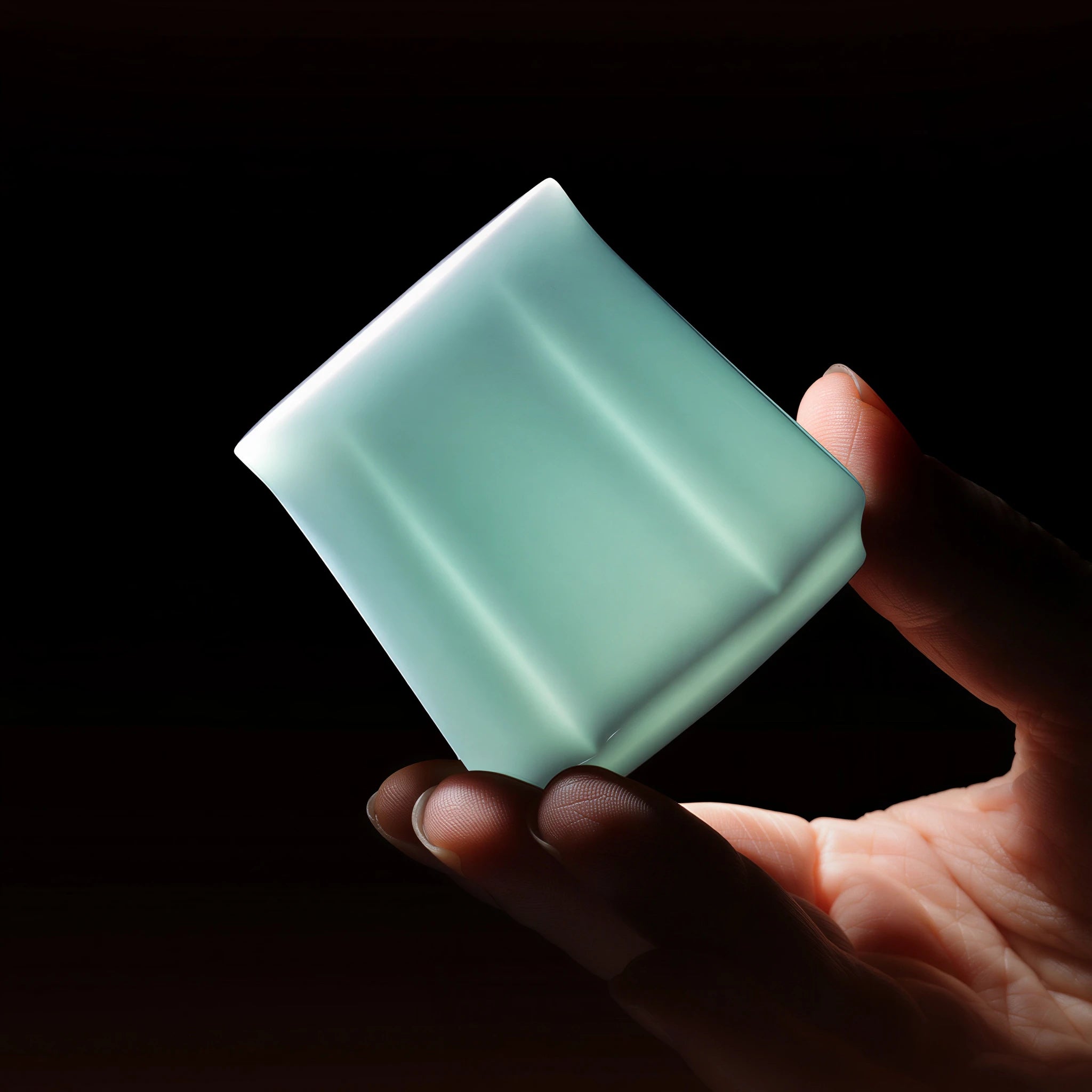 Backlit Yingqing porcelain cup showing pale translucency
