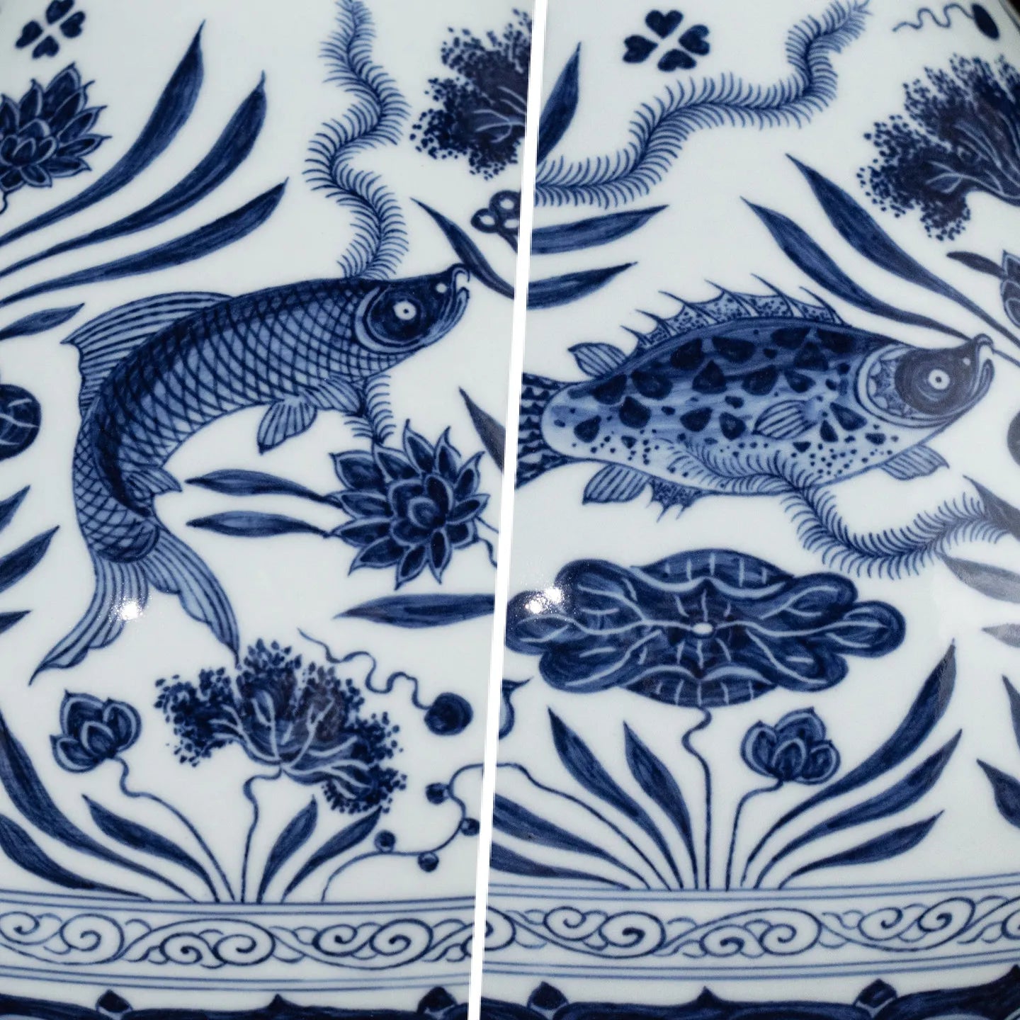 Hand-painted fish, lotus, and reed details in underglaze cobalt