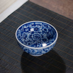 Interior view of the blue-and-white millefleurs pattern