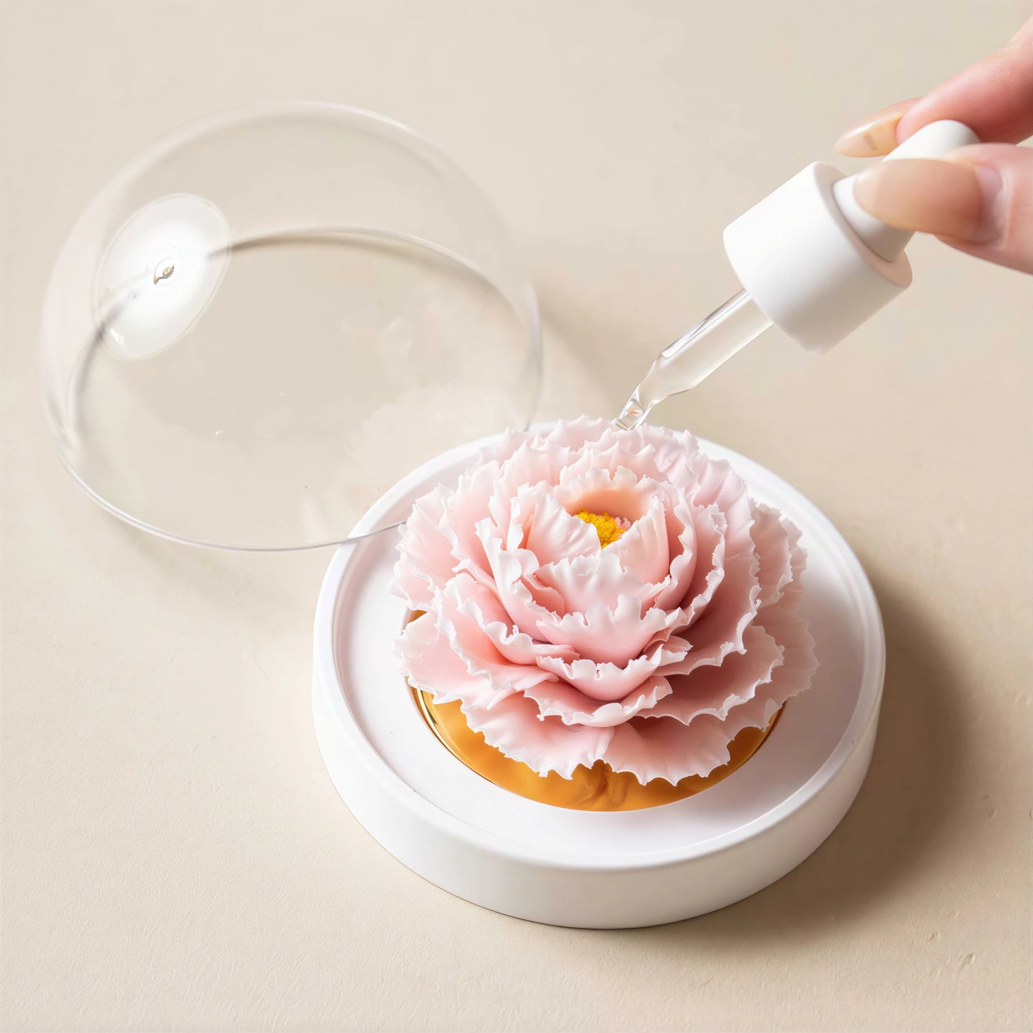 Fragrance oil being applied to the blush pink porcelain carnation