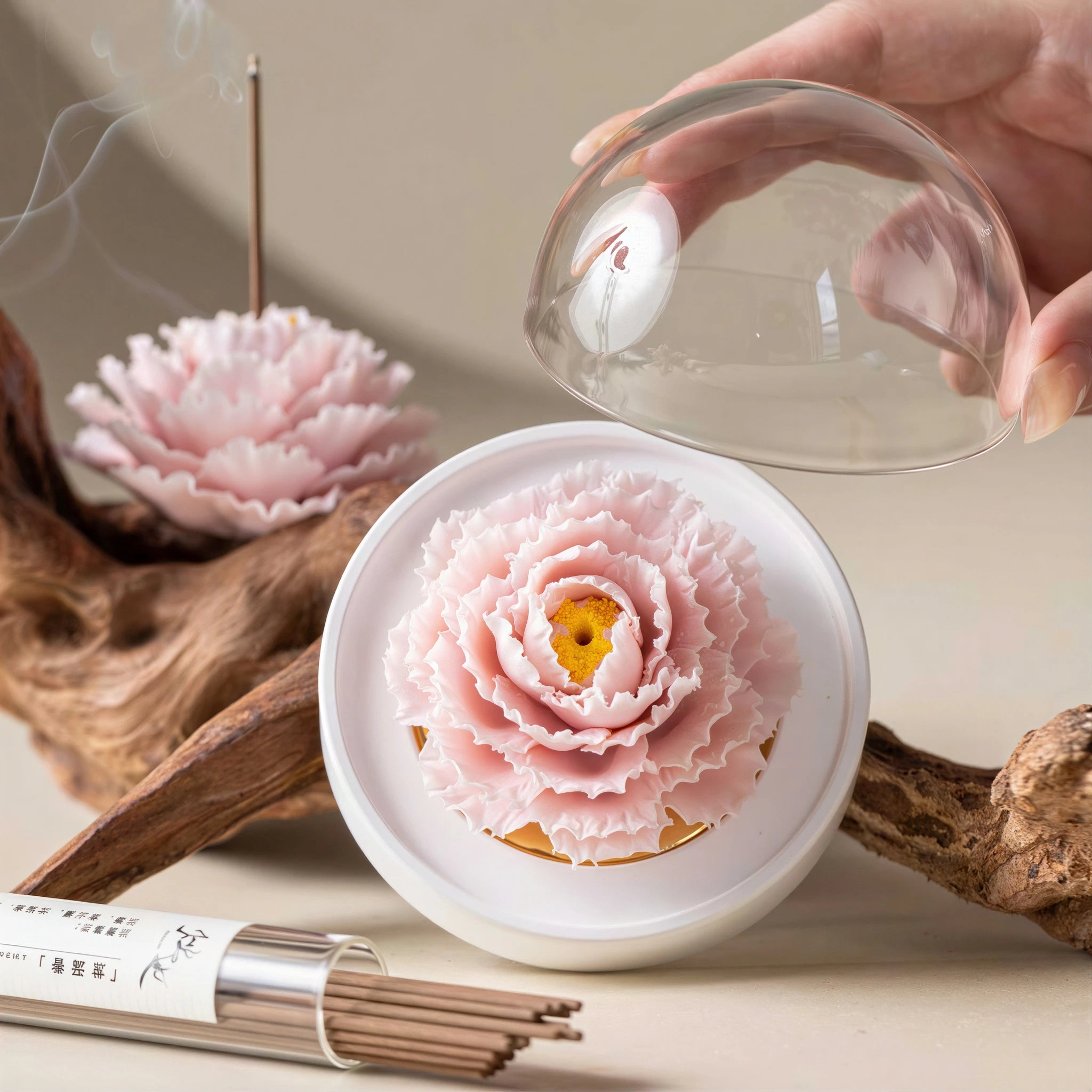 Blush pink porcelain carnation holding one incense stick