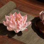 Front view of the blush pink porcelain lotus incense holder