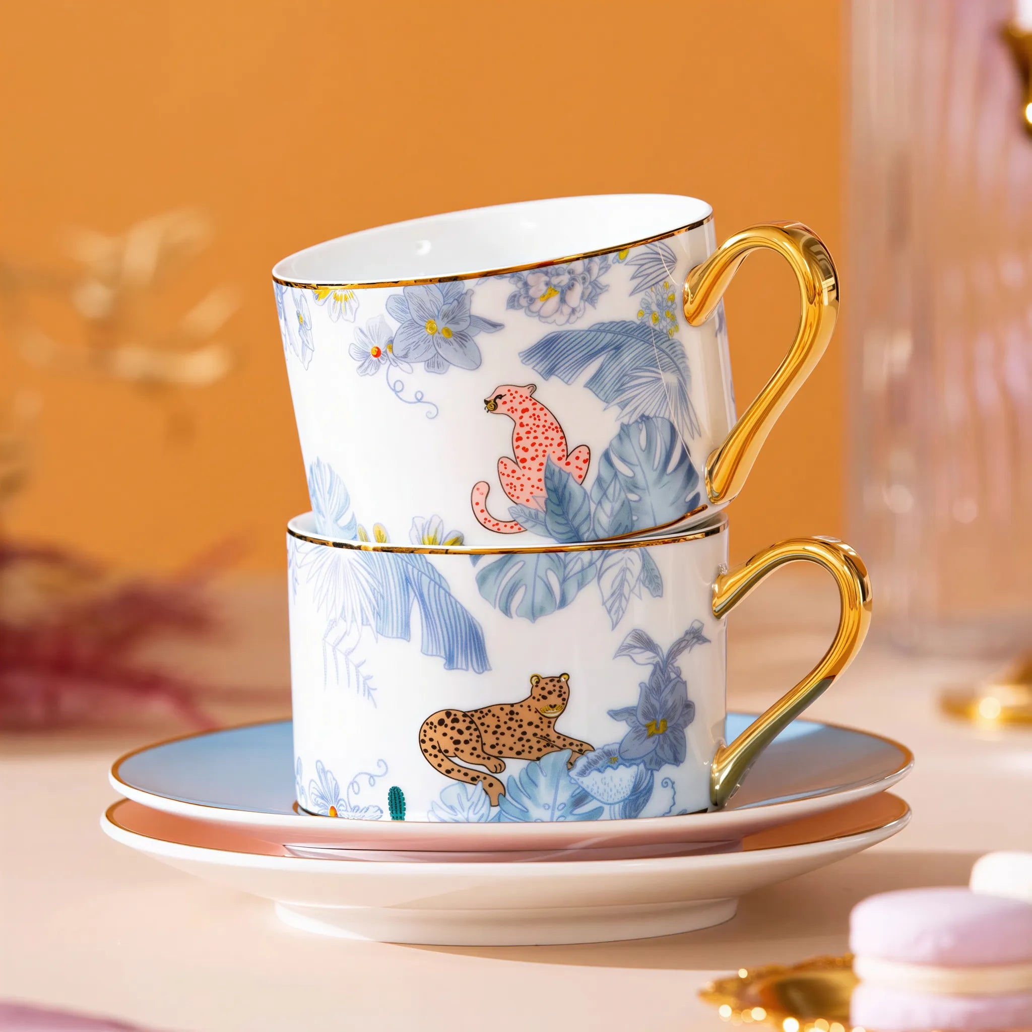 Botanical leopard coffee cup pair with its presentation box