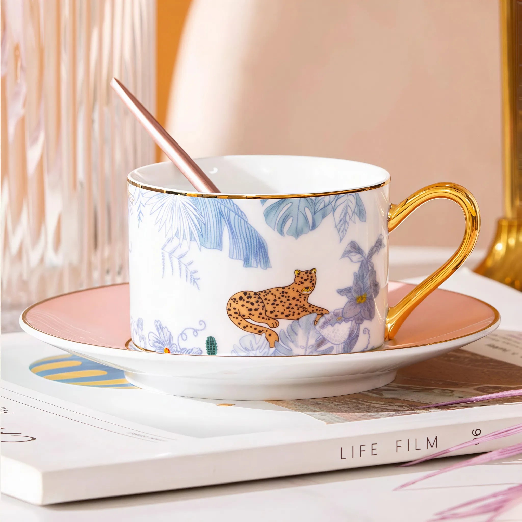 Soft pink interior of the botanical leopard coffee cup