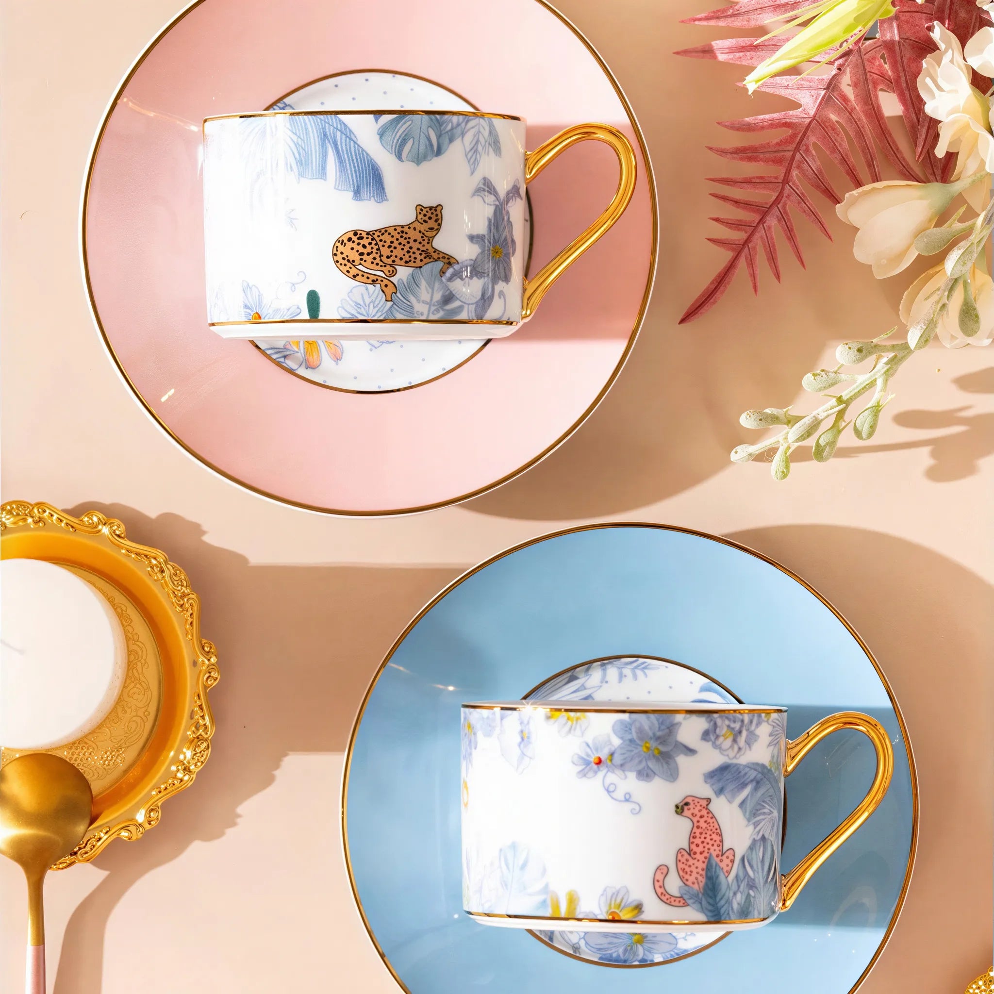 Overhead view of the botanical leopard porcelain saucer