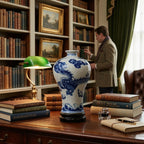 Full view of the cobalt dragon Meiping vase on its fitted wooden stand