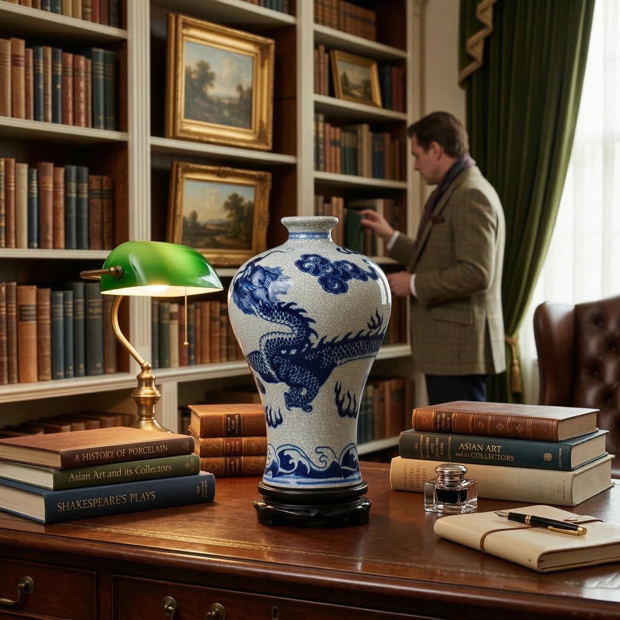 Full view of the cobalt dragon Meiping vase on its fitted wooden stand