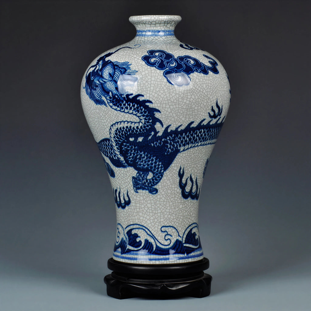 Angled view of the cobalt-blue dragon wrapping around the crackle-glazed Meiping vase