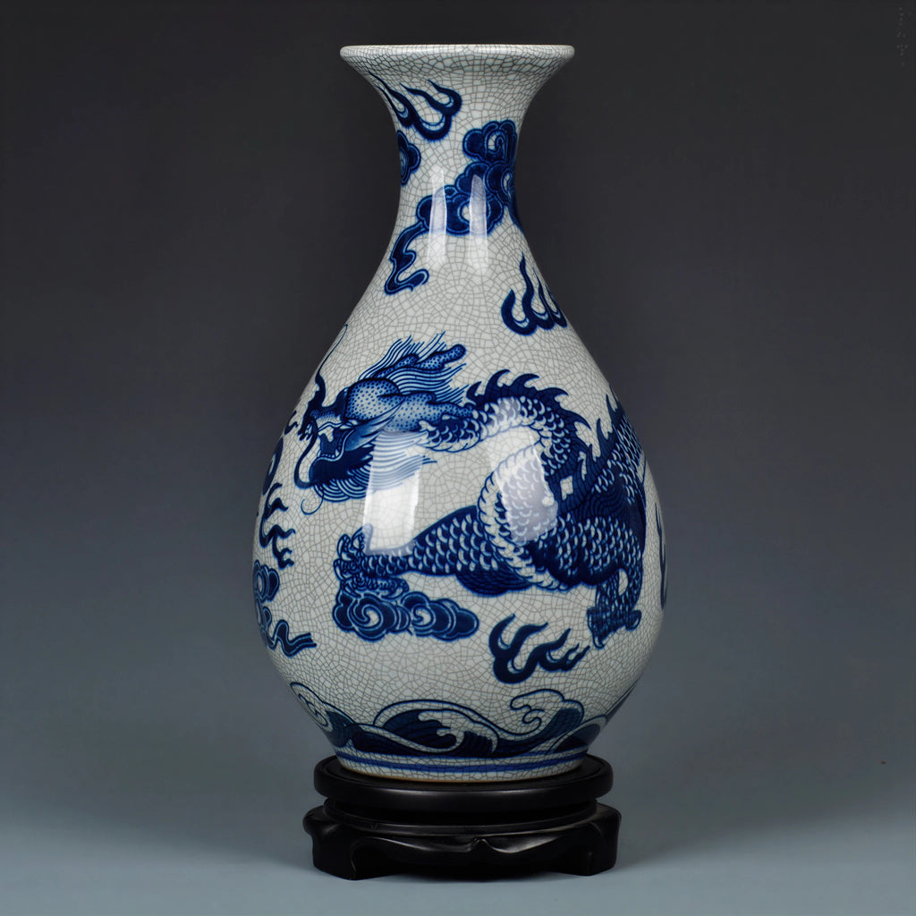 Side view of the pear-shaped Yuhuchun vase showing the dragon wrapping around the body