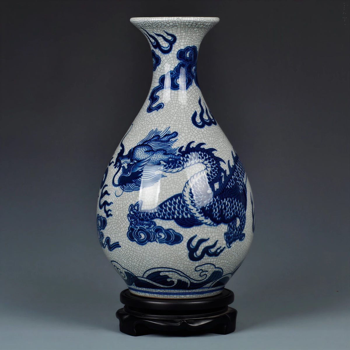 Side view of the pear-shaped Yuhuchun vase showing the dragon wrapping around the body