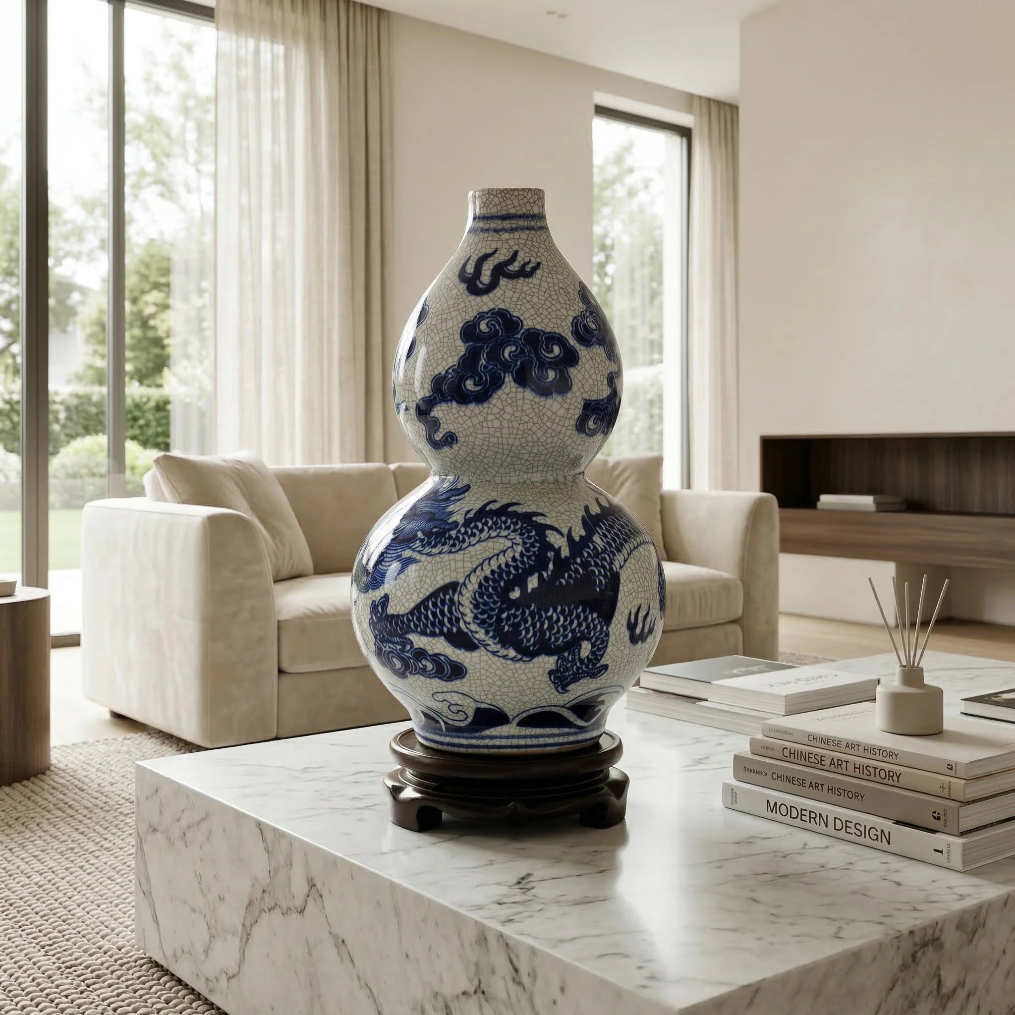 Double-gourd vase with cobalt dragon decoration on a marble table in a modern living room