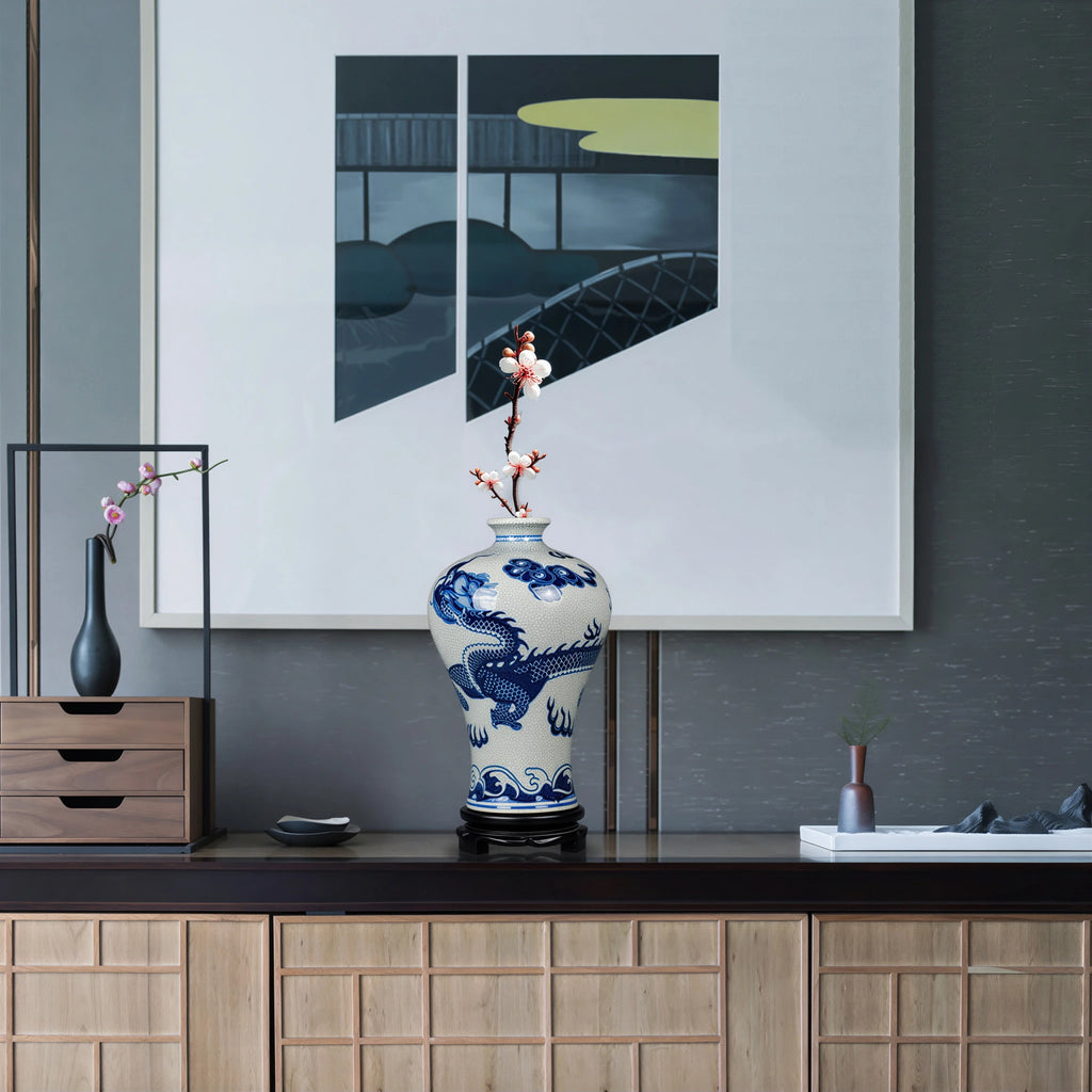 Cobalt-blue dragon Meiping vase displayed in a contemporary living room