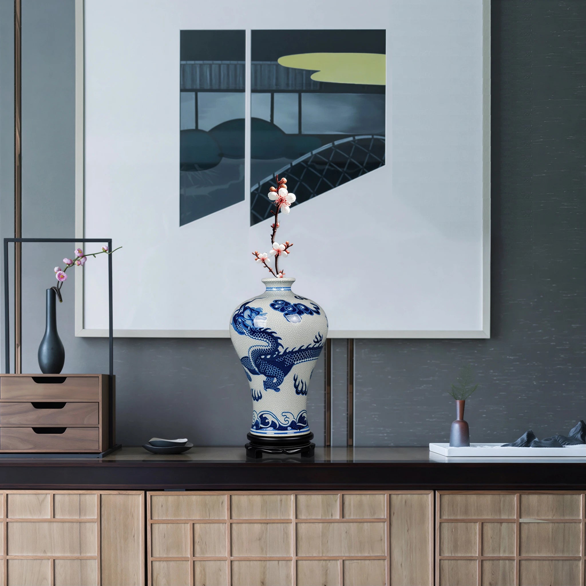 Cobalt-blue dragon Meiping vase displayed in a contemporary living room