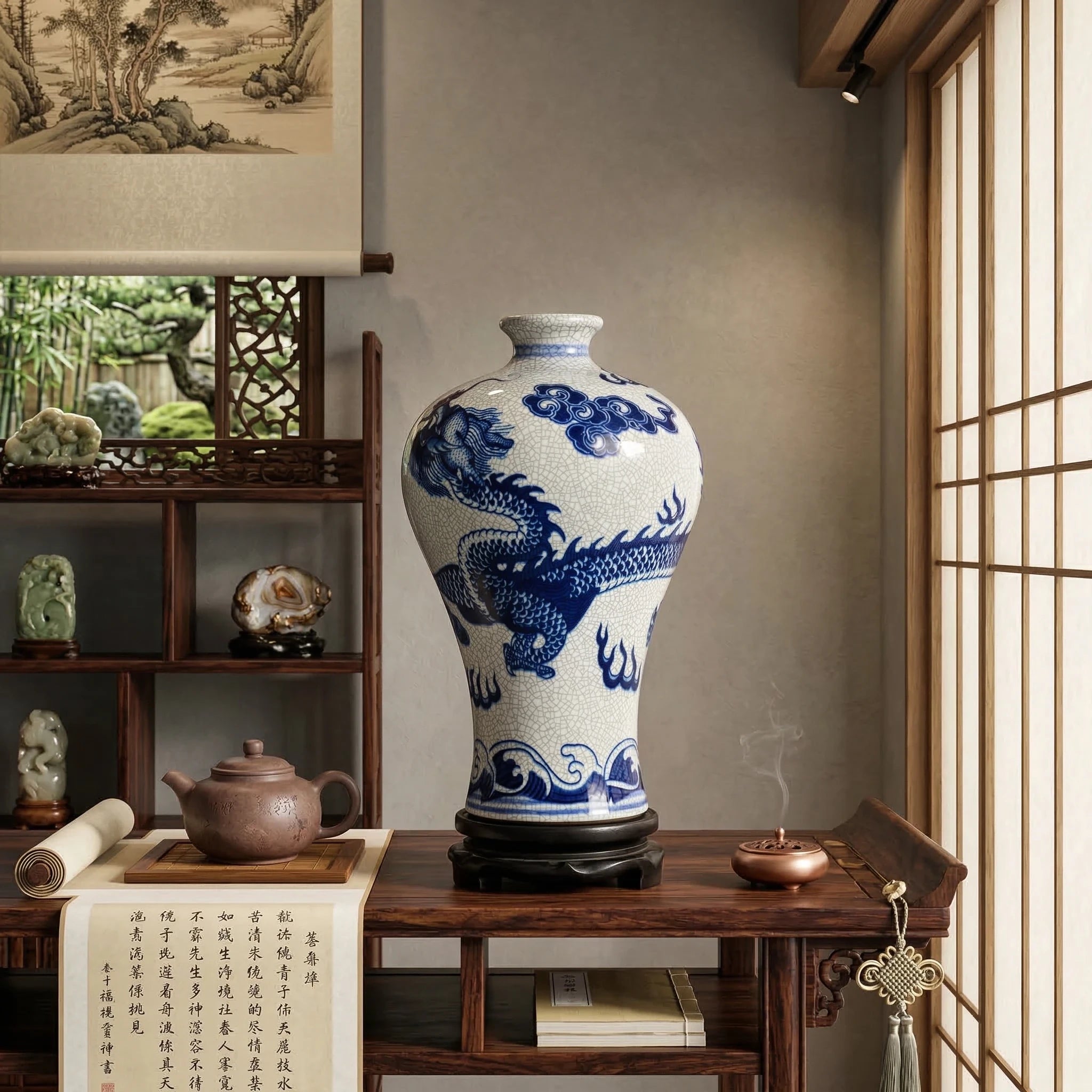 Meiping vase with crackle glaze displayed on its wooden stand in a tea room