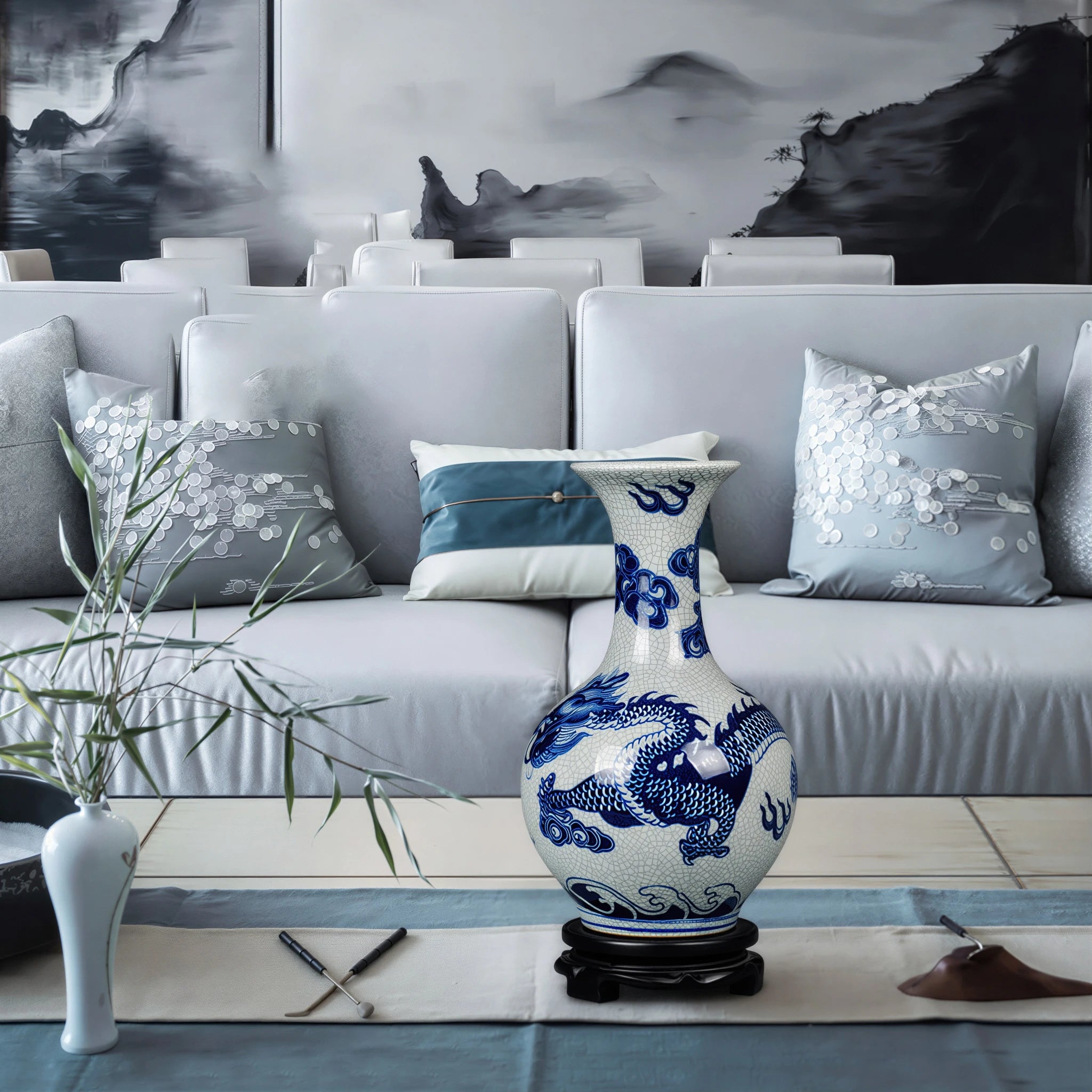 Cobalt dragon crackle vase displayed on its wooden stand in a contemporary living room