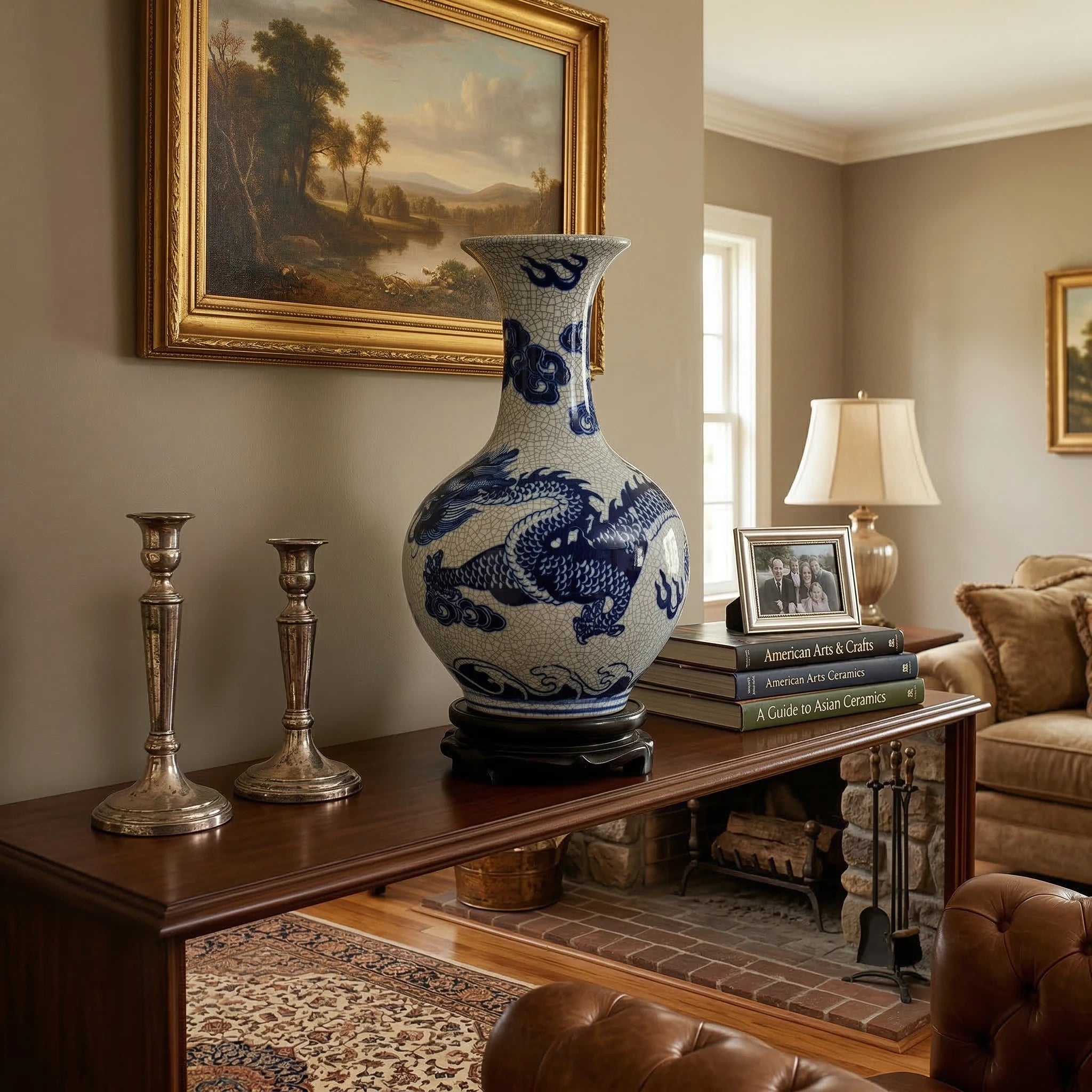 Cobalt-blue dragon Shangping vase displayed on a walnut console in a traditional interior