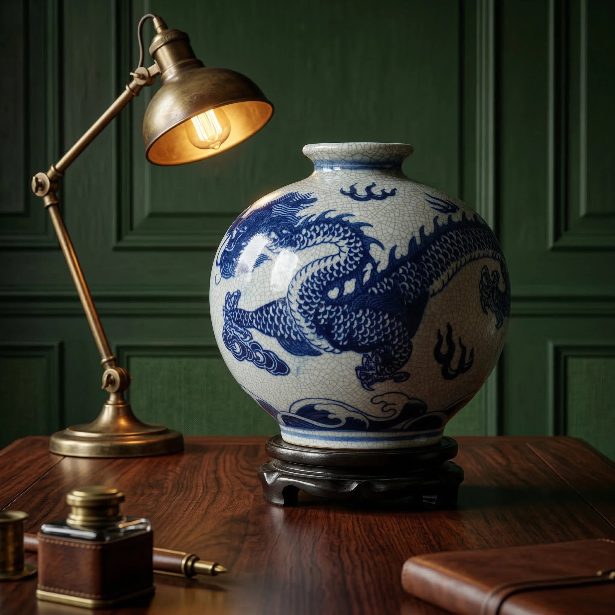 Cobalt-blue dragon crackle vase displayed on a desk in a dark study