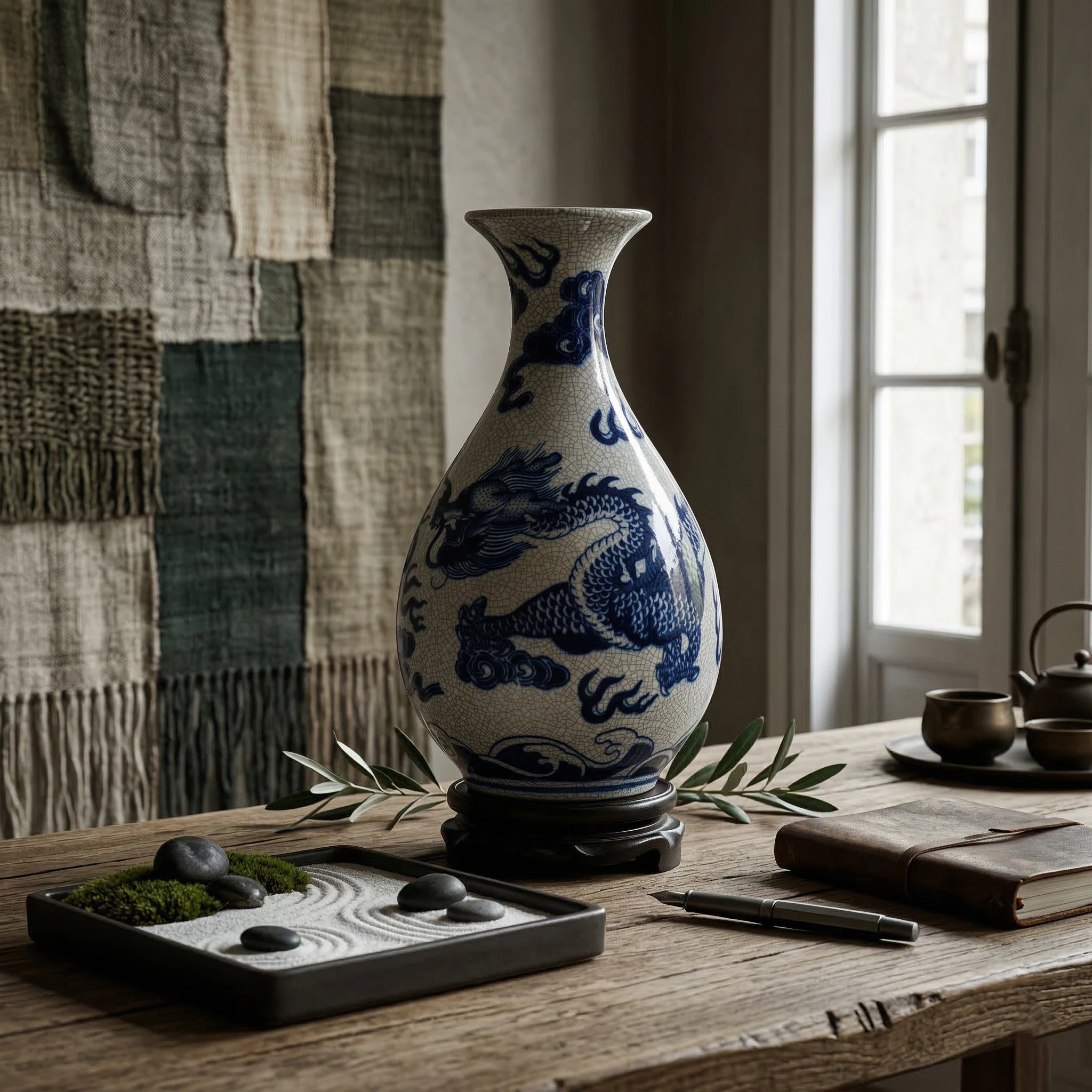 Crackle-glazed Yuhuchun vase with cobalt-blue dragon displayed in a study