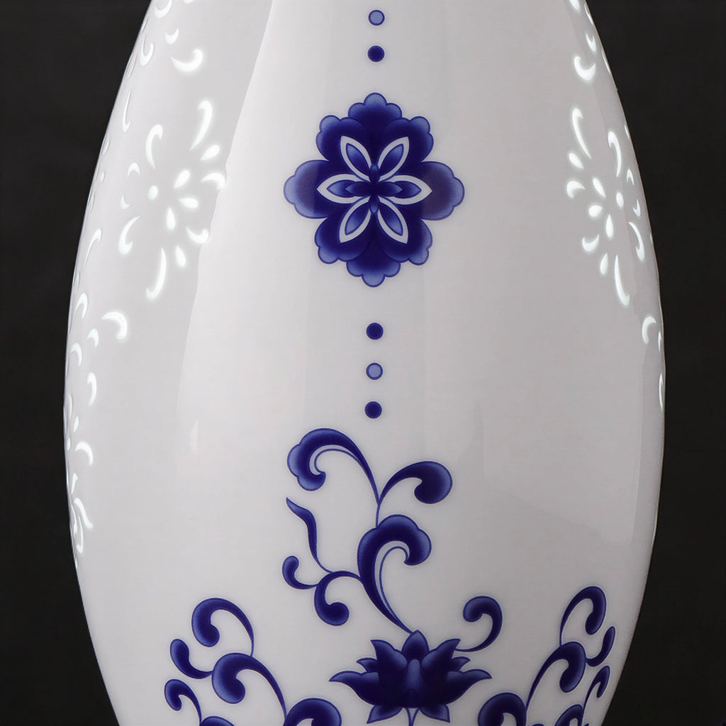Close view of cobalt lotus decoration between translucent floral linglong windows