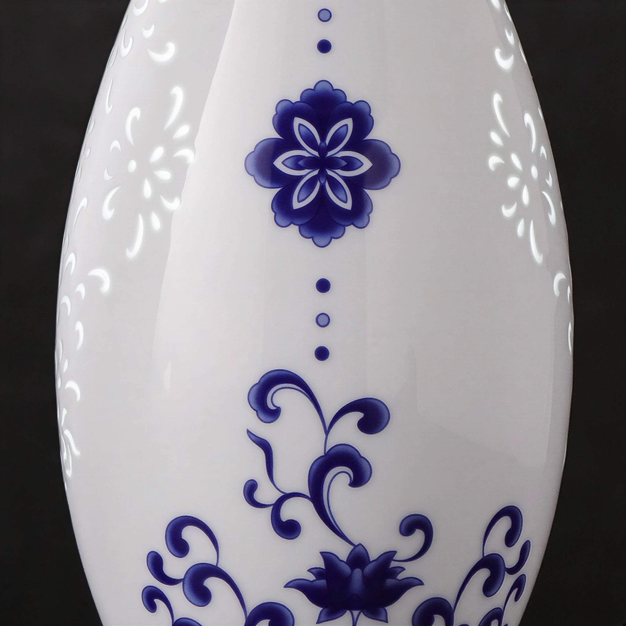 Close view of cobalt lotus decoration between translucent floral linglong windows