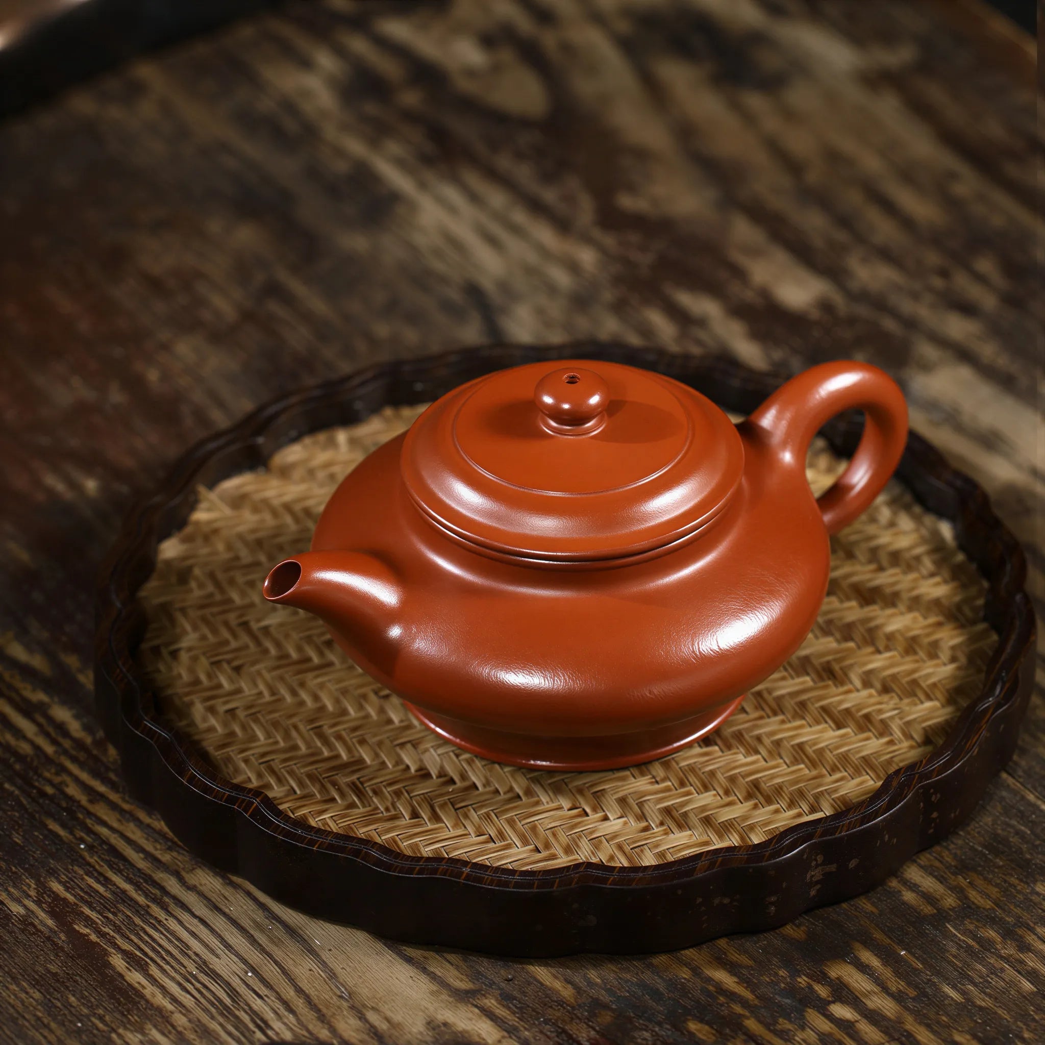 Front view of the low pear-skin Da Hong Pao Xu Bian teapot