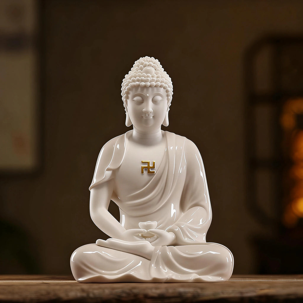 Front view of a gloss-white Dehua Amitabha Buddha seated in meditation