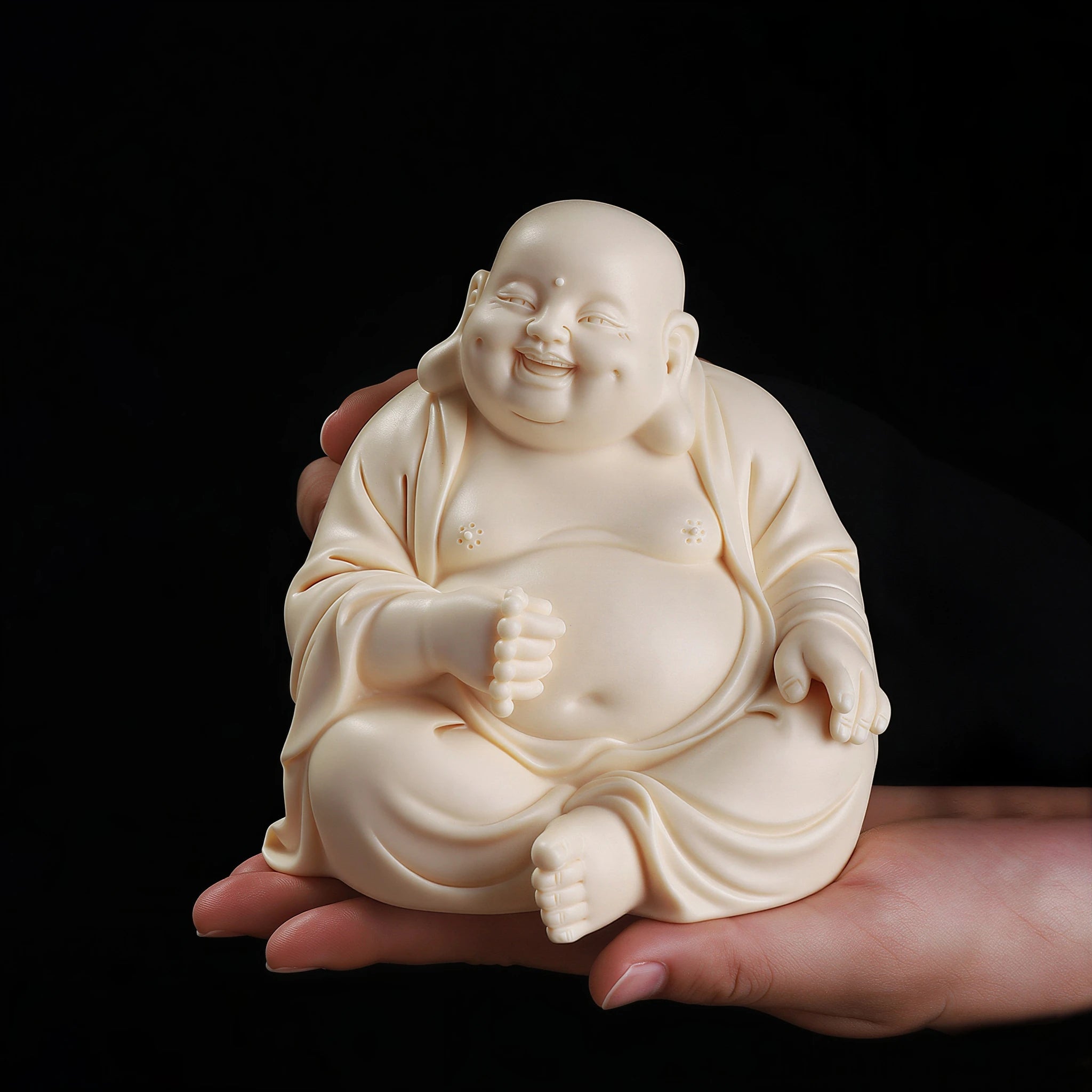 Hand-held scale view of the 13.3 cm Budai Maitreya figure