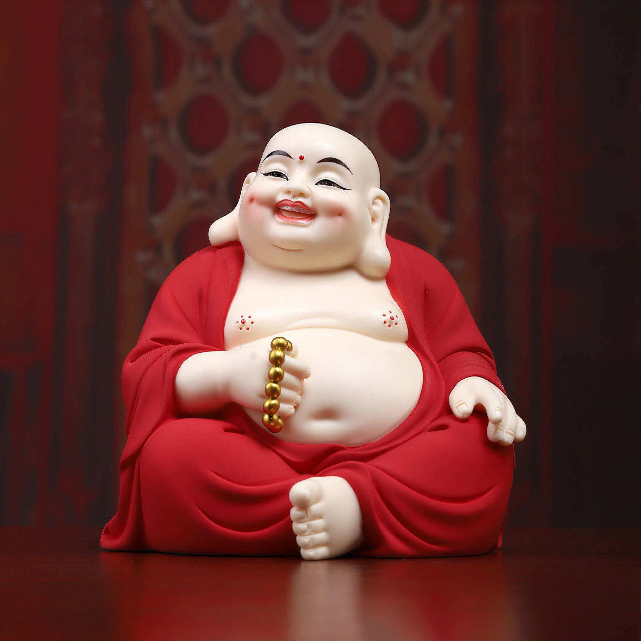 Front view of the rich red Dehua Budai Maitreya figure