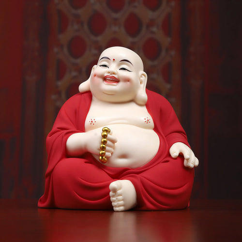 Front view of the rich red Dehua Budai Maitreya figure