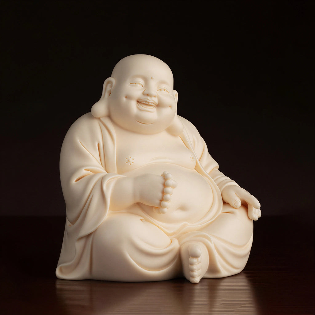 Side view of the seated Budai Maitreya figure