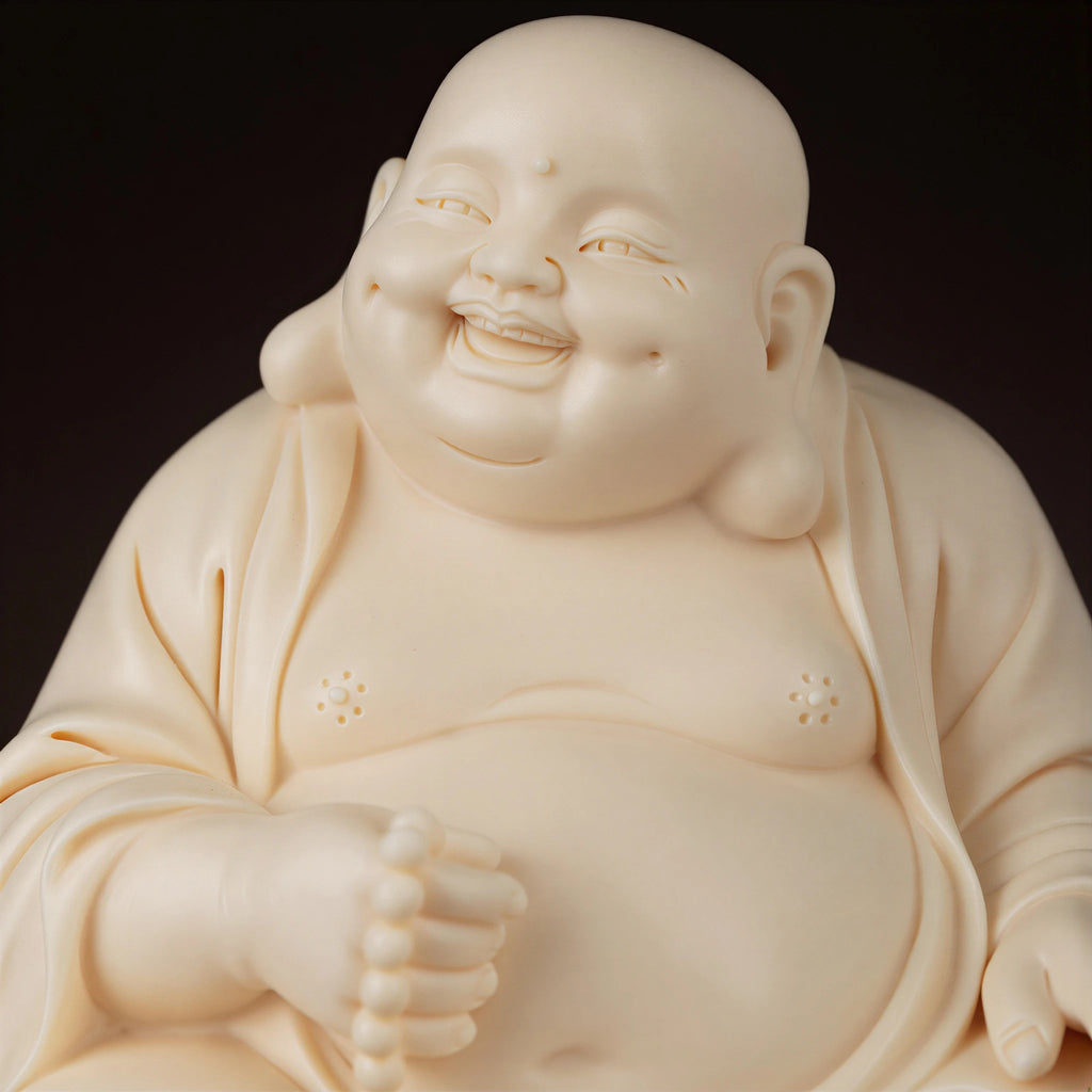 Close view of the smiling Budai Maitreya face