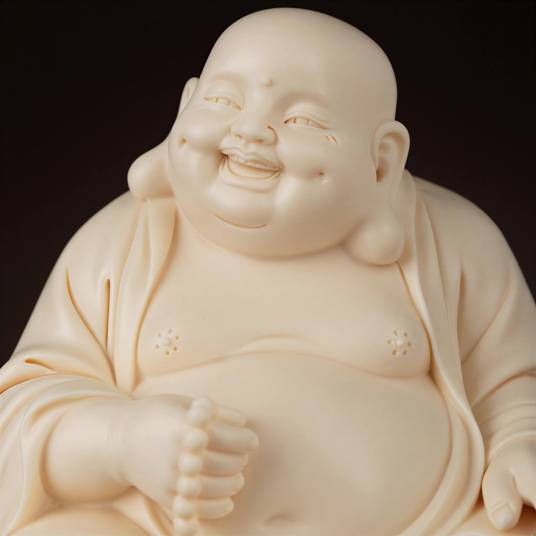Close view of the smiling Budai Maitreya face