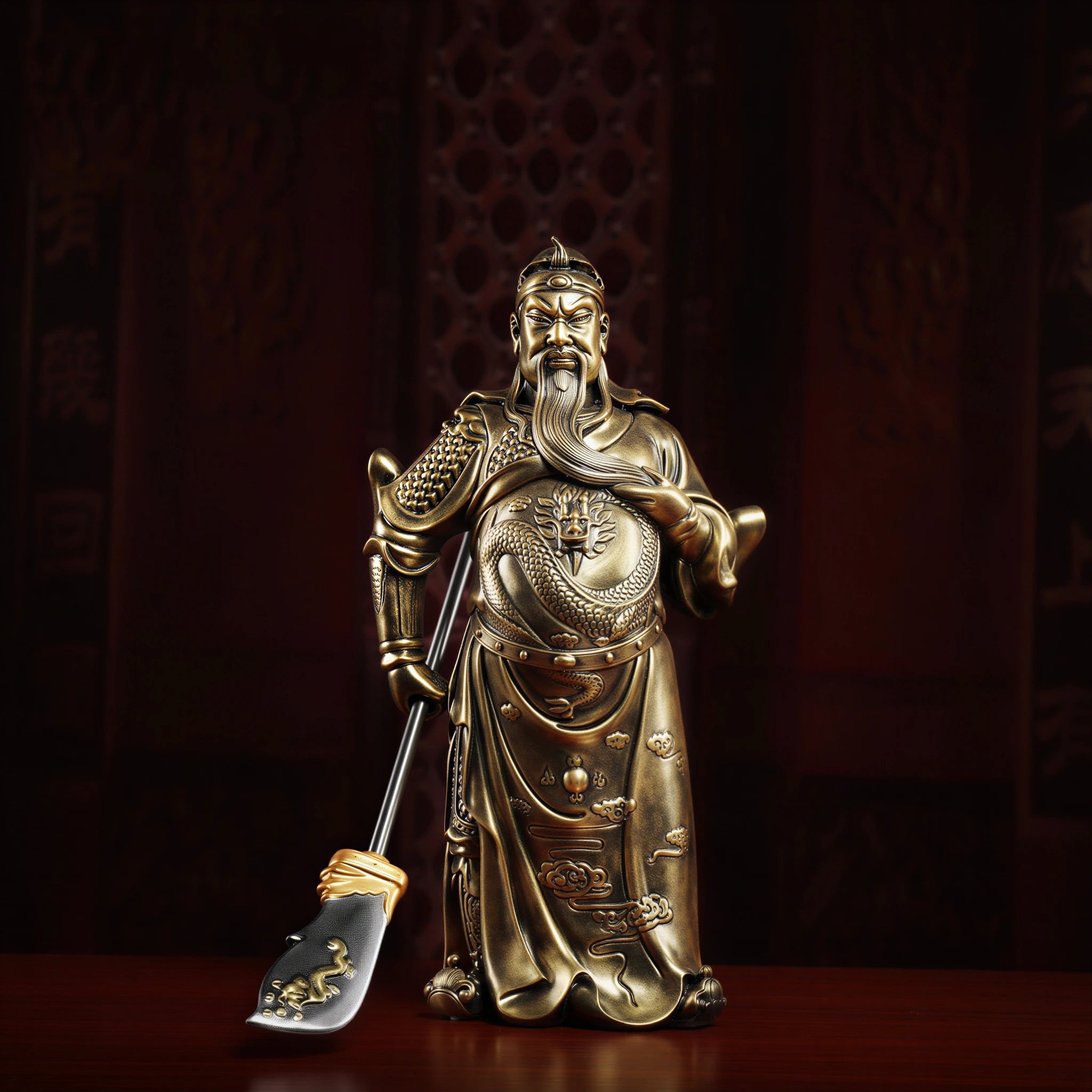 Full front view of the copper-toned standing Guan Gong