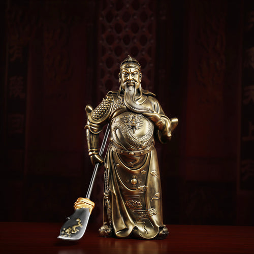 Full front view of the copper-toned standing Guan Gong