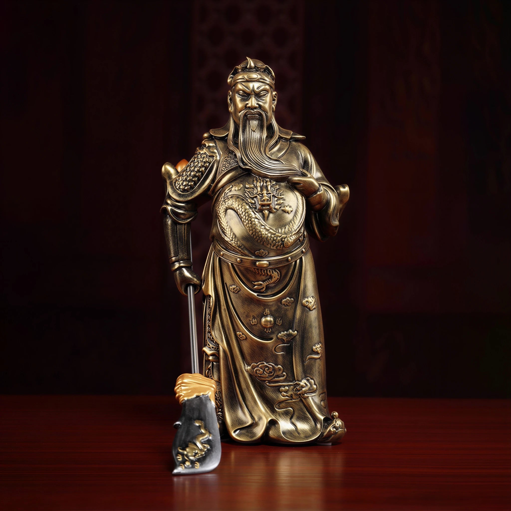 Front view of the copper-toned Guan Gong with crescent blade