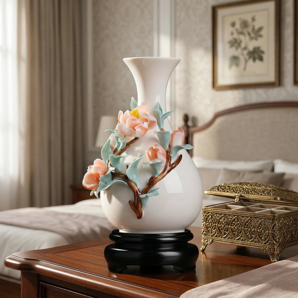 Coral peony relief vase displayed on a bedroom table