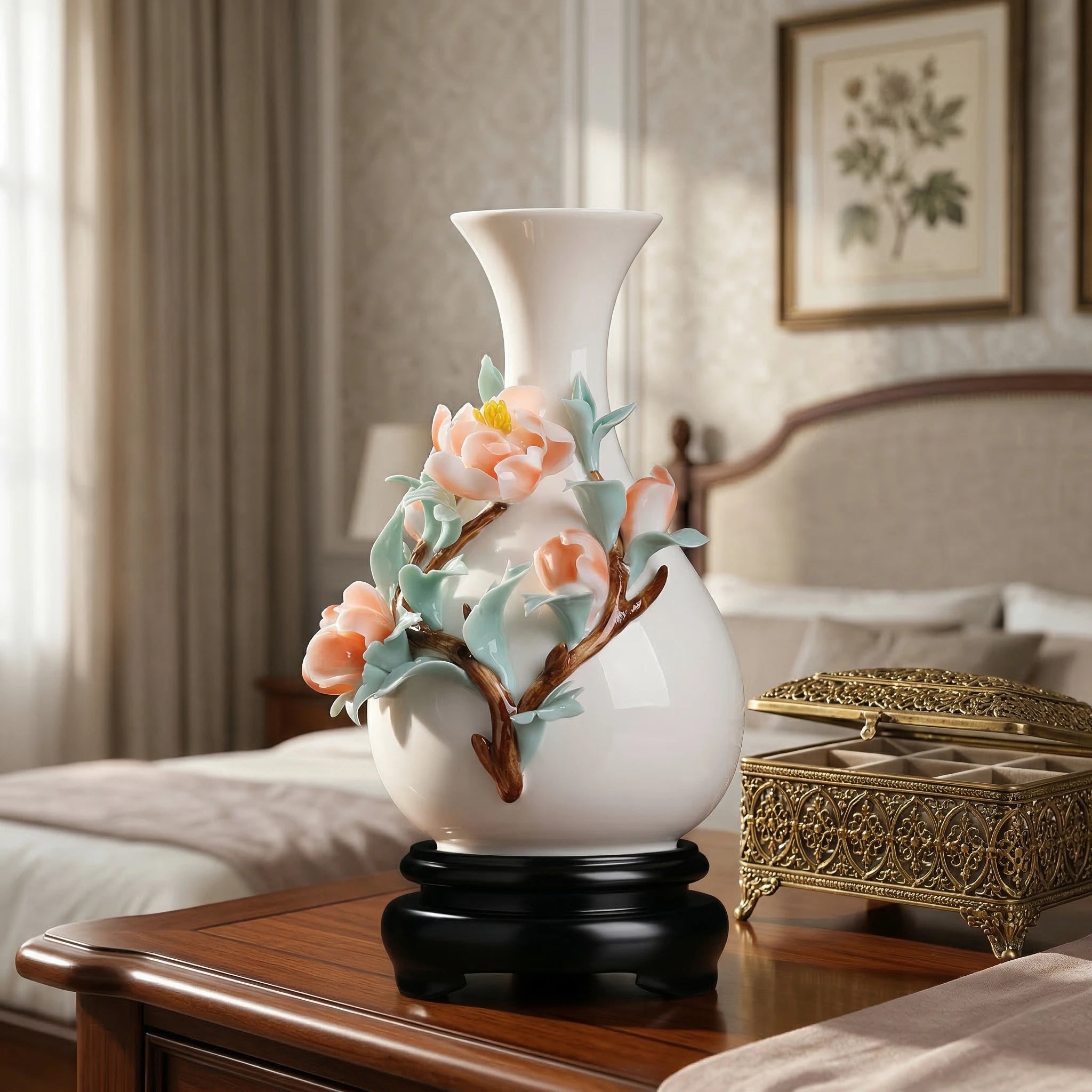 Coral peony relief vase displayed on a bedroom table