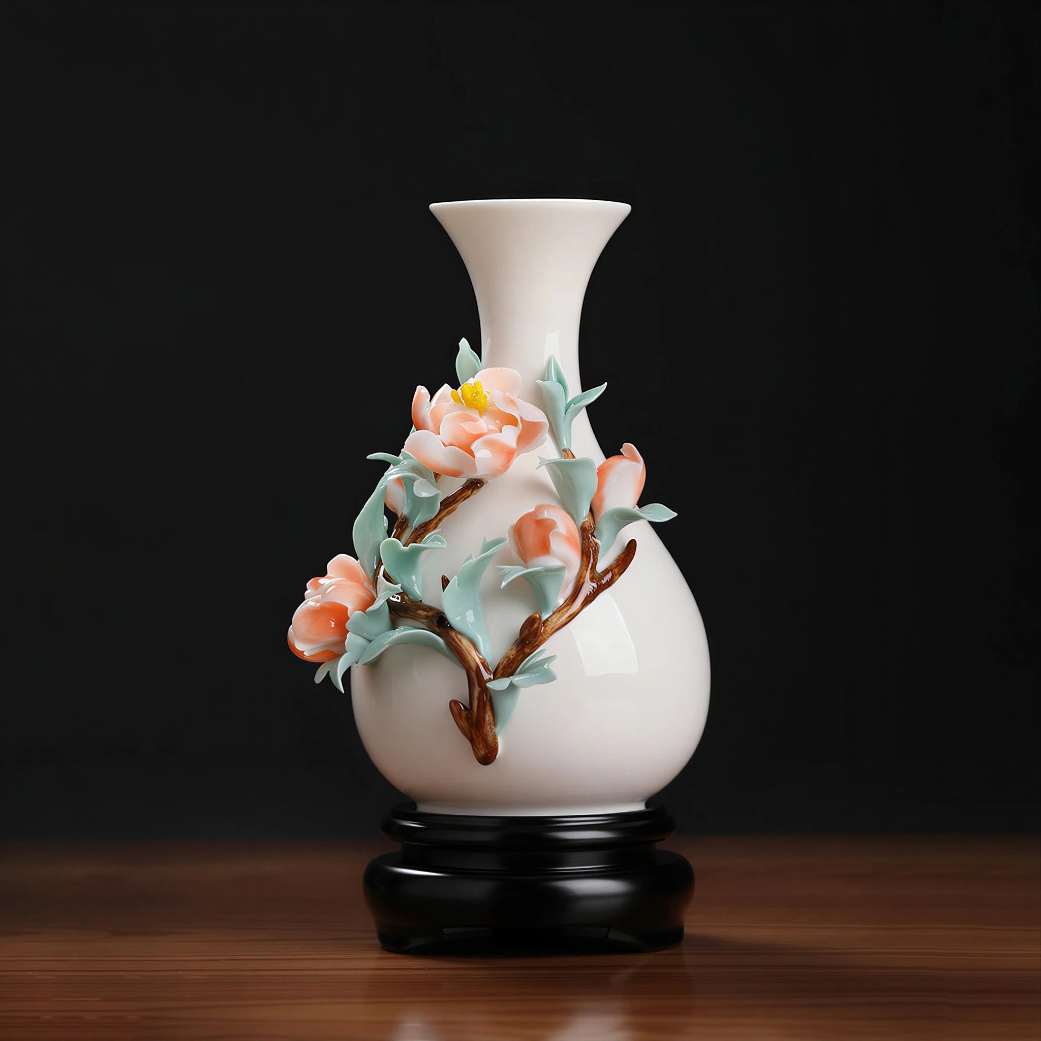 Full view of the pear-shaped coral peony relief vase and fitted stand