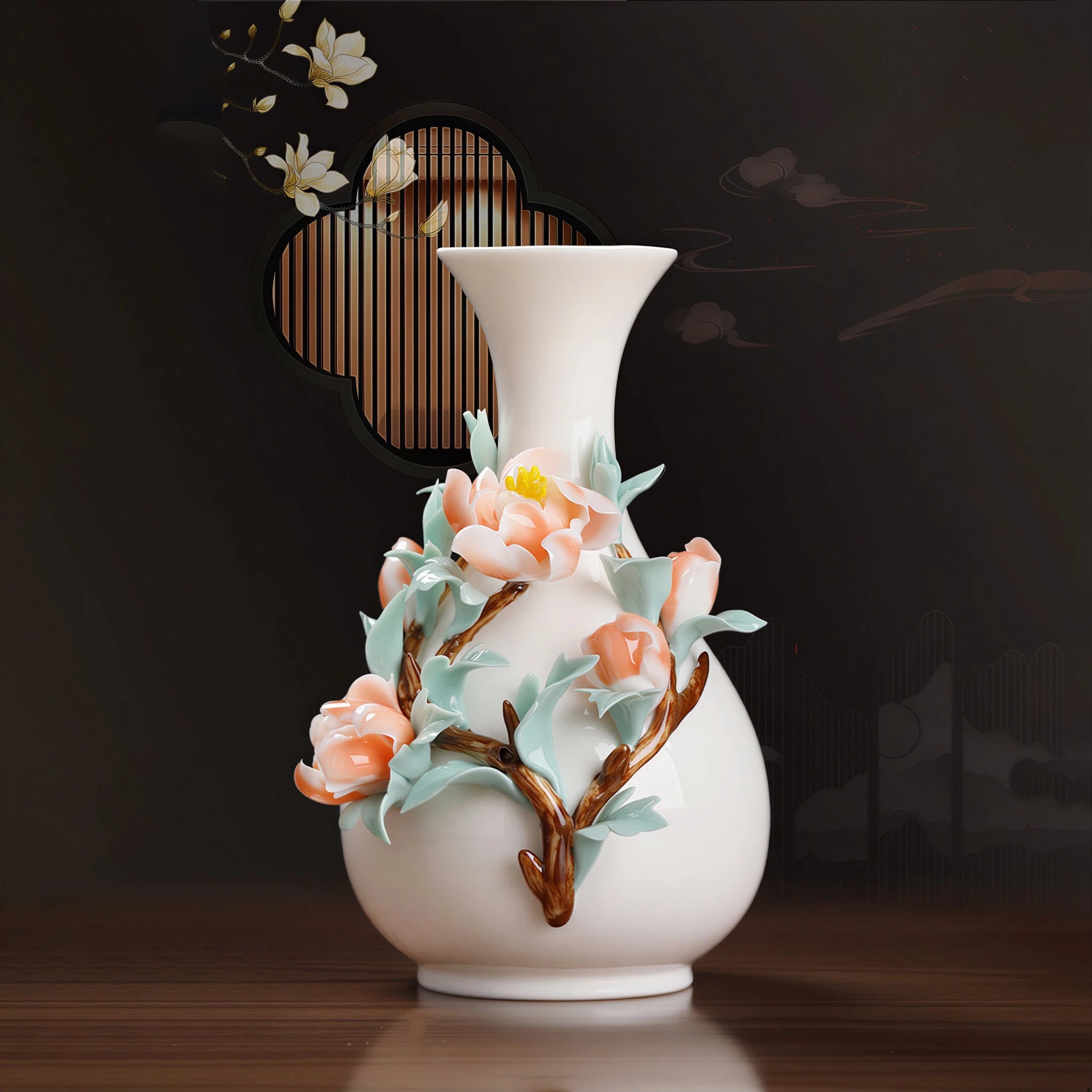 Coral peony relief vase displayed without the black stand