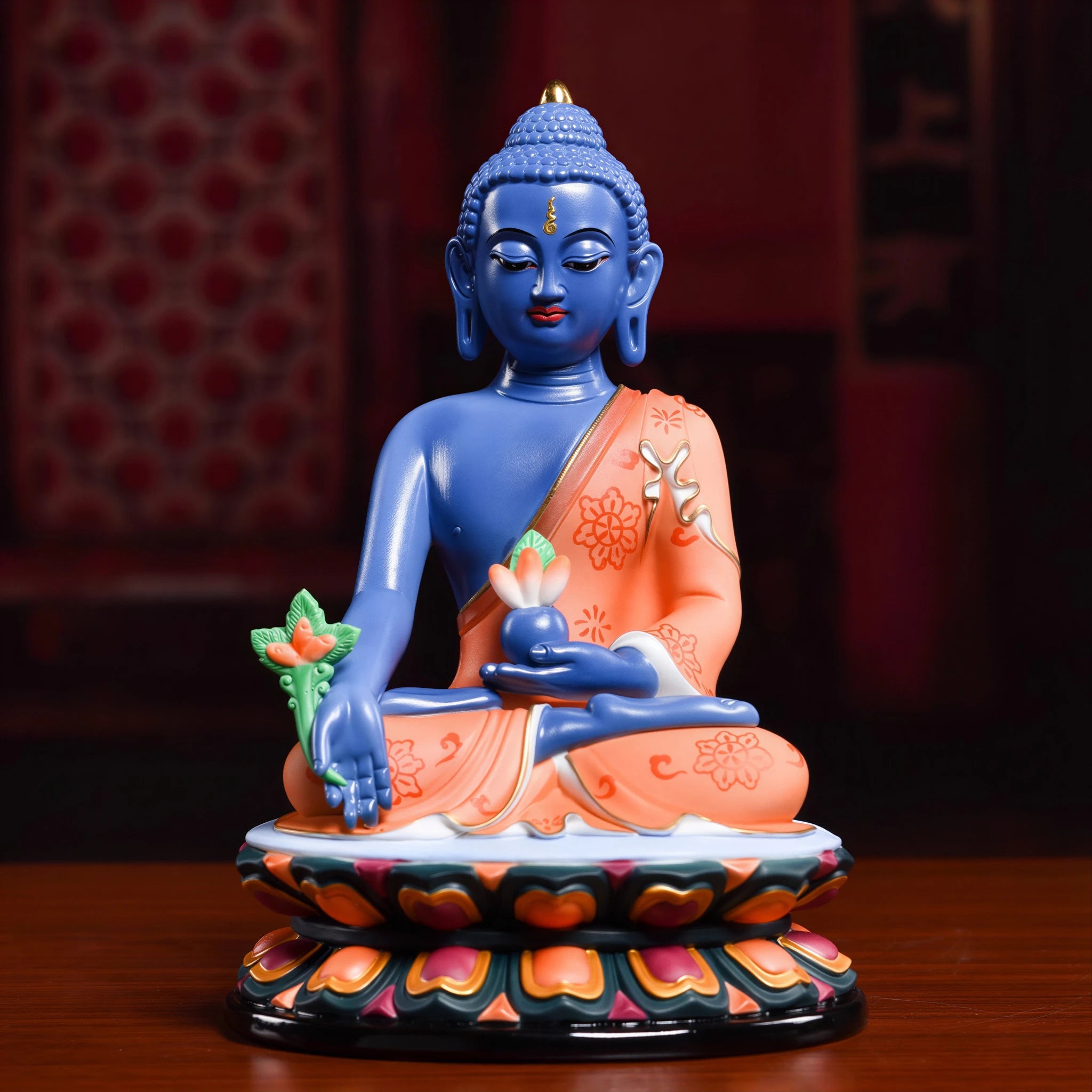 Front view of deep-cobalt Dehua porcelain Medicine Buddha