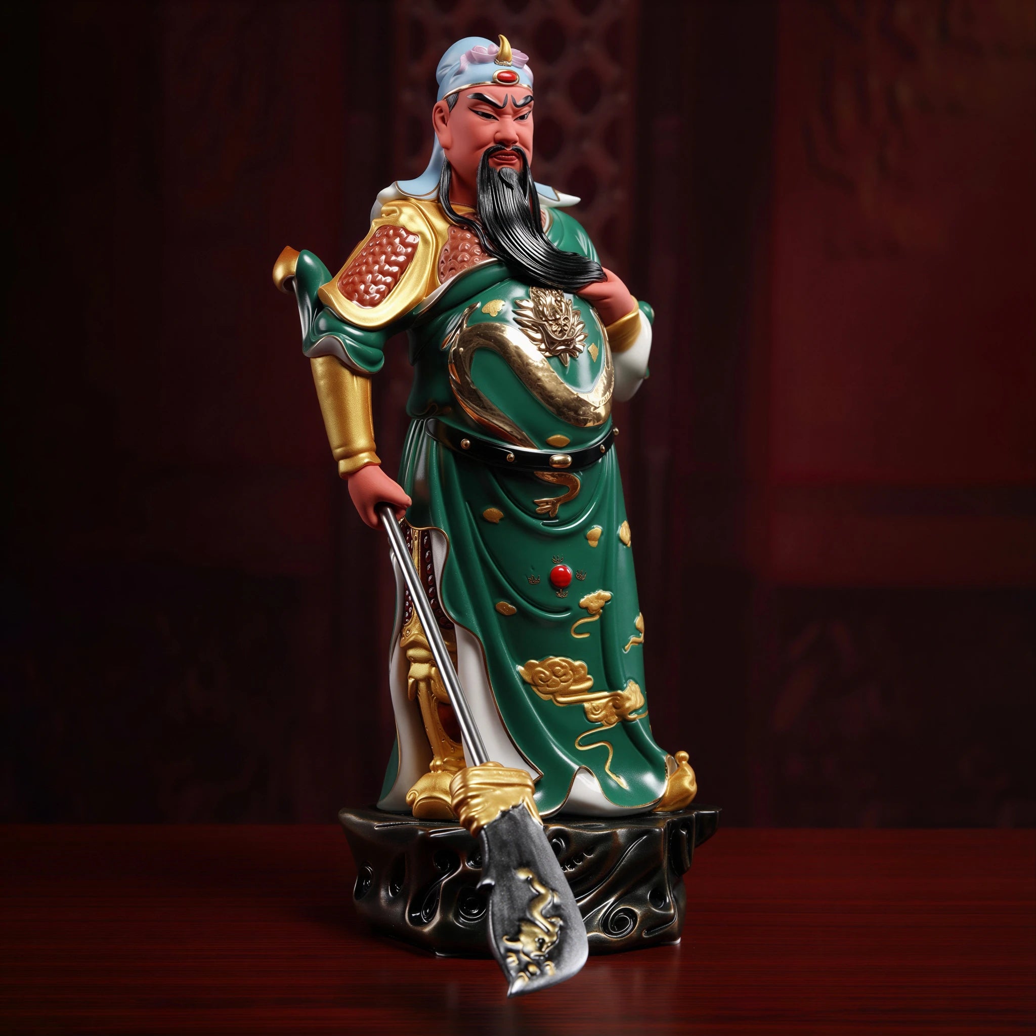 Angled view of the emerald-robed standing Guan Gong