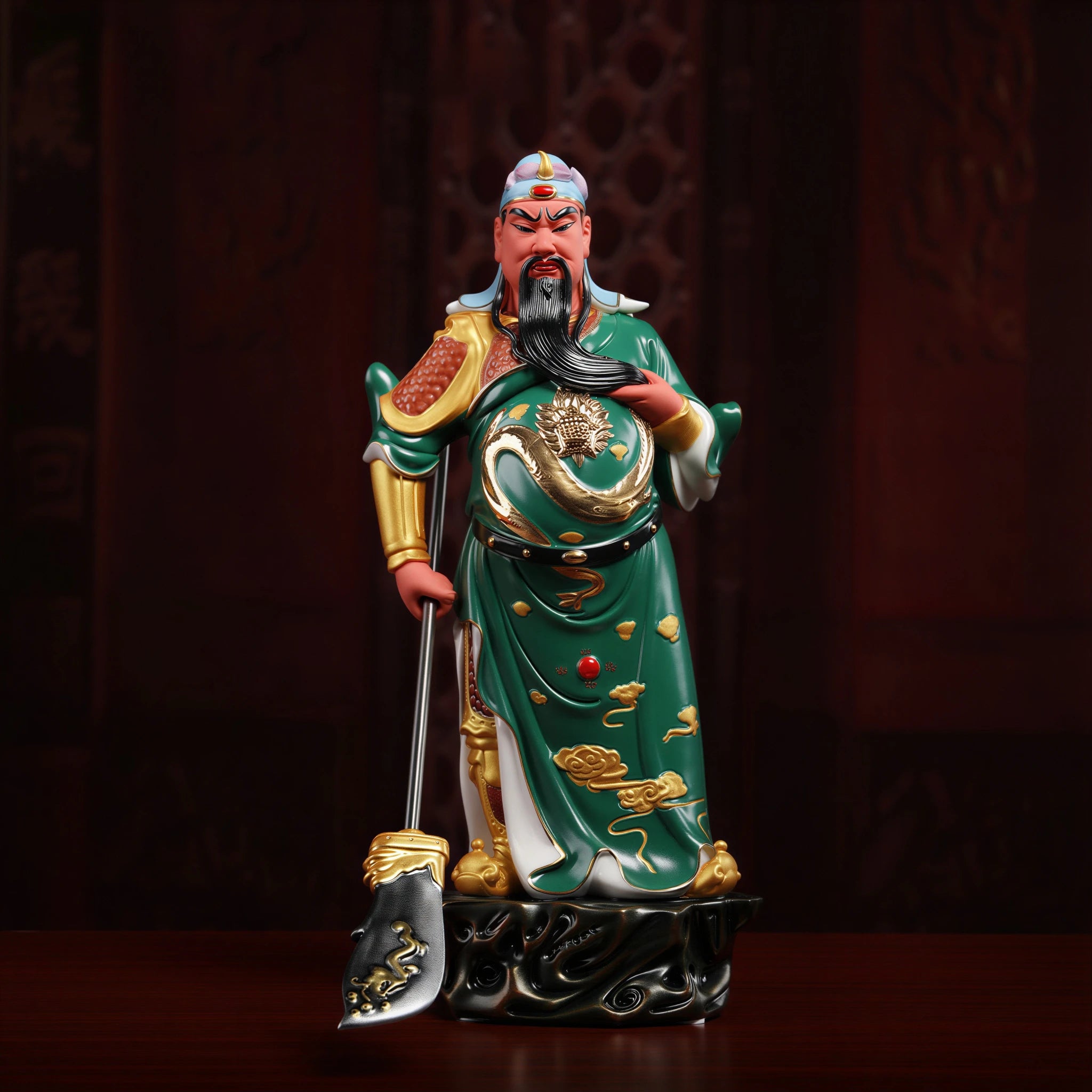 Close view of the green turban and Guan Gong facial expression